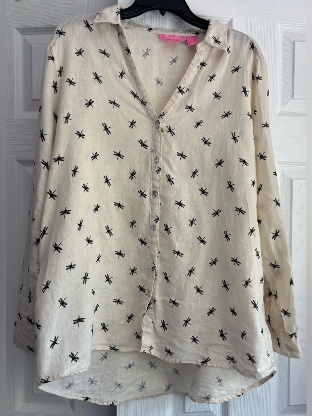 Isaac Mizrahi 100% Linen Cream Button-Up Shirt w Black Dragonfly Pattern Size L